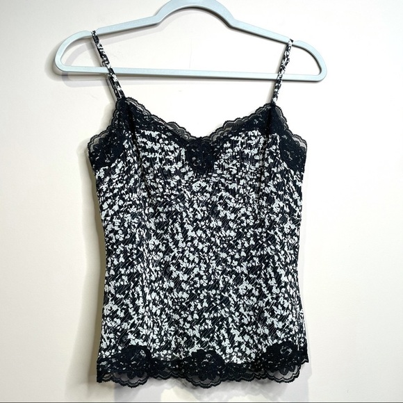 vintage Y2k Ann Taylor silk lace tank top black white floral 4 Zip Side - Picture 1 of 9